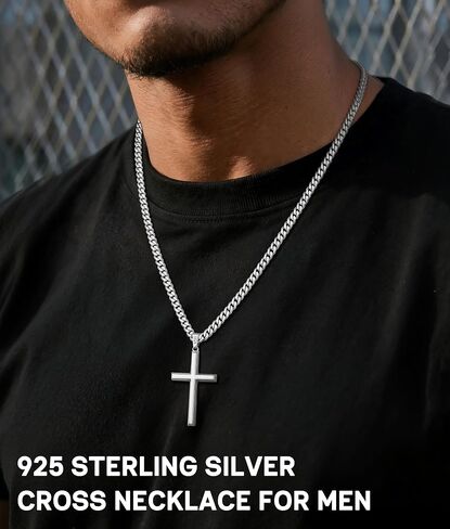 Jewlpire 925 Sterling Silver Cross Necklace for Men, 18k Gold Plated Sterling Silver Cross Necklace with 5mm Stainless Steel Cuban Link Chain for Men, 18 20 22 24 26 Inch in Kuwait