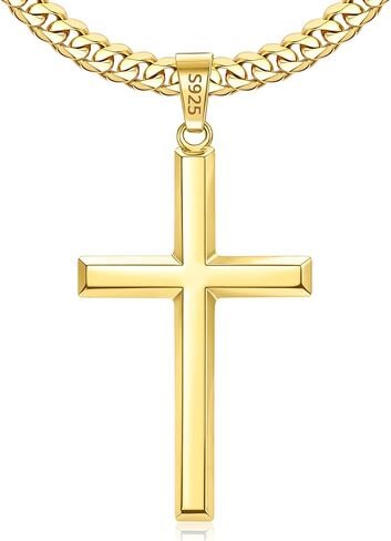 Jewlpire 925 Sterling Silver Cross Necklace for Men, 18k Gold Plated Sterling Silver Cross Necklace with 5mm Stainless Steel Cuban Link Chain for Men, 18 20 22 24 26 Inch in Kuwait
