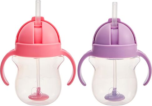 Munchkin Any Angle Sippy Cups for Toddlers, Spill Proof Weighted Straw Cup with Transition Handles for Babies 6 Months and Up, 7 Ounce, 2 Pack, Pink/Purple in Kuwait