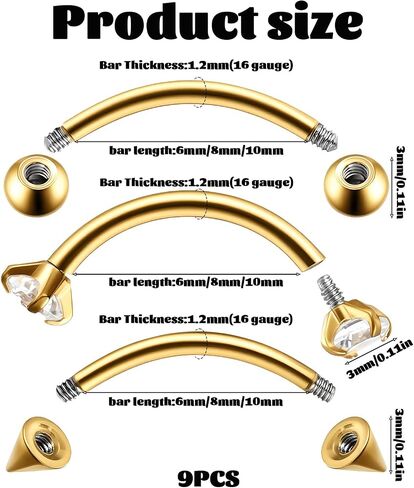 Eyebrow Piercing Jewelry, 9 Pcs Gold Jewelry Surgical Steel Curved Barbell Eyebrow Rings for Women Men CZ Tiny Labret Lip Navel Belly Button Helix Conch Daith Piercing 6mm/8mm/10mm in Saudi Arabia