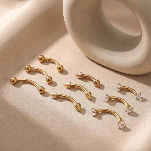 Eyebrow Piercing Jewelry, 9 Pcs Gold Jewelry Surgical Steel Curved Barbell Eyebrow Rings for Women Men CZ Tiny Labret Lip Navel Belly Button Helix Conch Daith Piercing 6mm/8mm/10mm in Saudi Arabia