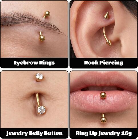 Eyebrow Piercing Jewelry, 9 Pcs Gold Jewelry Surgical Steel Curved Barbell Eyebrow Rings for Women Men CZ Tiny Labret Lip Navel Belly Button Helix Conch Daith Piercing 6mm/8mm/10mm in Saudi Arabia