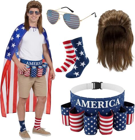 Mepase 5 Pcs 4th of July Outfit American Flag Costume Set- Cape Socks Sunglasses Beer Belt Mullet Wig for 250th Anniversary in Kuwait