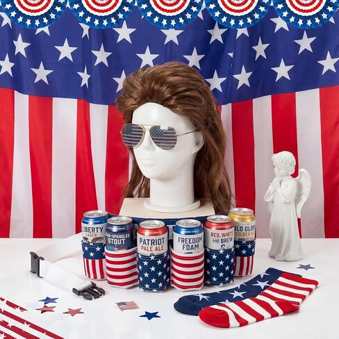 Mepase 5 Pcs 4th of July Outfit American Flag Costume Set- Cape Socks Sunglasses Beer Belt Mullet Wig for 250th Anniversary in Kuwait