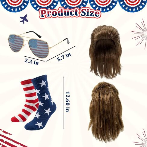 Mepase 5 Pcs 4th of July Outfit American Flag Costume Set- Cape Socks Sunglasses Beer Belt Mullet Wig for 250th Anniversary in Kuwait
