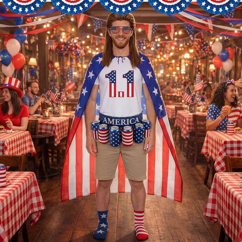 Mepase 5 Pcs 4th of July Outfit American Flag Costume Set- Cape Socks Sunglasses Beer Belt Mullet Wig for 250th Anniversary in Kuwait