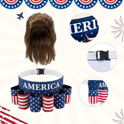 Mepase 5 Pcs 4th of July Outfit American Flag Costume Set- Cape Socks Sunglasses Beer Belt Mullet Wig for 250th Anniversary in Kuwait