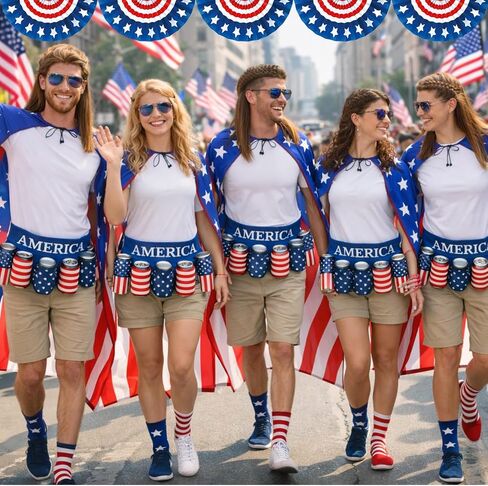 Mepase 5 Pcs 4th of July Outfit American Flag Costume Set- Cape Socks Sunglasses Beer Belt Mullet Wig for 250th Anniversary in Kuwait