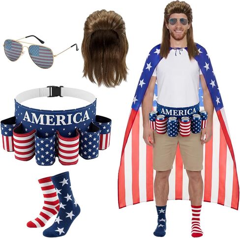 Mepase 5 Pcs 4th of July Outfit American Flag Costume Set- Cape Socks Sunglasses Beer Belt Mullet Wig for 250th Anniversary in Kuwait