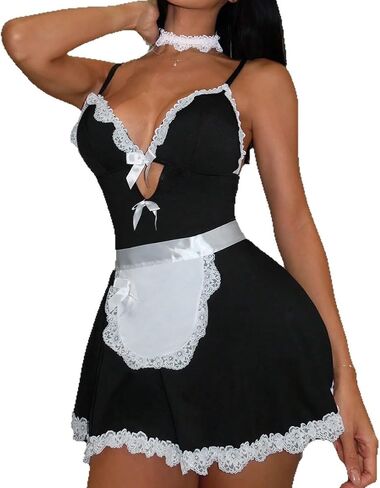 Sexy Maid Outfit For Women Lace Cosplay French Maid Lingerie Set V-neck Role Playing Lingerie Sexy Halloween Costumes in Saudi Arabia