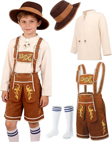 Kids Oktoberfest Costume Boys Bavarian Beer Festival Outfit with Suede Lederhosen for Halloween Cosplay 4-12Y in Saudi Arabia