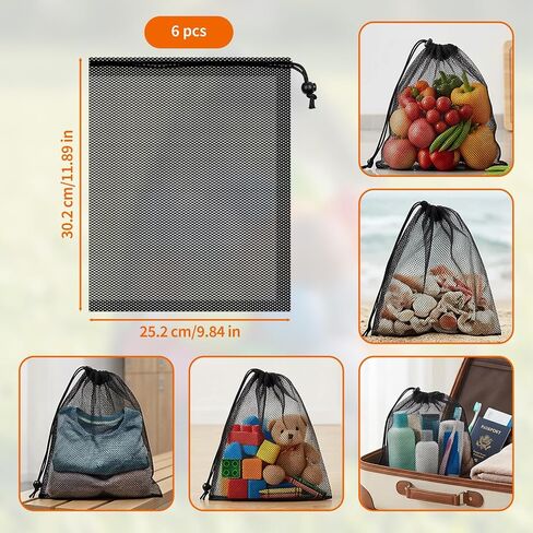 6-Pack Mesh Bags Drawstring- 11.8'' x 9.8'' Breathable Mesh Bag w/Lock for Gym,Travel, Camping, Beach - Multipurpose Storage Net Bag for Balls, Swim Gear, Laundry, Toys in Kuwait