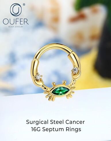 OUFER حلقات حاجز السرطان 16G-مفصلة، ​​مجوهرات ثقب الحاجز الذهبي، أقراط دايث الزمرد اللامعة تشيكوسلوفاكيا، كوكبة هوب هيليكس الغضروف ثقب المجوهرات in Kuwait