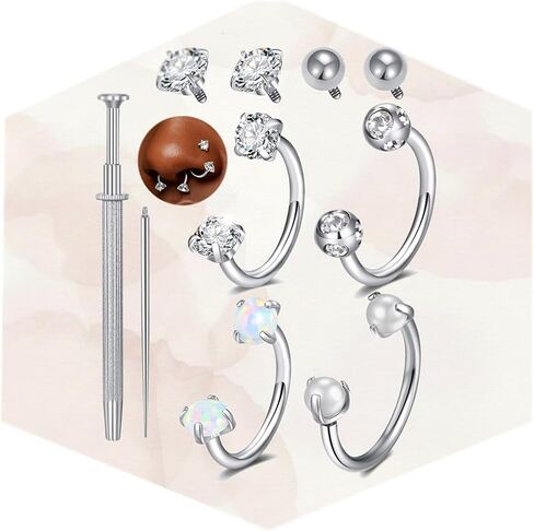 Longita 18g Horseshoe Nose Ring for Women Double Gem Horse Shoe Nose Ring Hoop Silver Gold 8mm Surgical Steel Opal Cartilage Helix Tragus Earring Labret Lip Piercing Jewelry Small Septum Rings 18gauge in Saudi Arabia