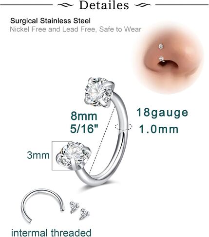 Longita 18g حدوة حصان الأنف الدائري للنساء مزدوجة جوهرة الحصان حذاء الأنف حلقة هوب الفضة الذهب 8 مم الجراحية الصلب أوبال الغضروف الحلزون الزنمة القرط Labret الشفاه ثقب المجوهرات حلقات الحاجز الصغيرة 18 مقياس in Kuwait