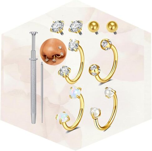 Longita 18g حدوة حصان الأنف الدائري للنساء مزدوجة جوهرة الحصان حذاء الأنف حلقة هوب الفضة الذهب 8 مم الجراحية الصلب أوبال الغضروف الحلزون الزنمة القرط Labret الشفاه ثقب المجوهرات حلقات الحاجز الصغيرة 18 مقياس in Kuwait