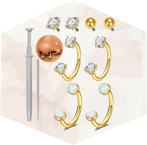 Longita 18g حدوة حصان الأنف الدائري للنساء مزدوجة جوهرة الحصان حذاء الأنف حلقة هوب الفضة الذهب 8 مم الجراحية الصلب أوبال الغضروف الحلزون الزنمة القرط Labret الشفاه ثقب المجوهرات حلقات الحاجز الصغيرة 18 مقياس in Kuwait