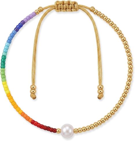 Rainbow Gold Beaded Drawstring Bracelets for Women Dainty White Pearl Friendship Bracelet Handmade Colorful Fashion Charm Jewelry Premium Practical Present Party Gifts in Saudi Arabia