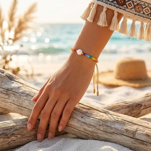 Rainbow Gold Beaded Drawstring Bracelets for Women Dainty White Pearl Friendship Bracelet Handmade Colorful Fashion Charm Jewelry Premium Practical Present Party Gifts in Saudi Arabia