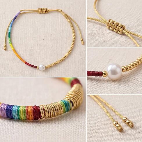 Rainbow Gold Beaded Drawstring Bracelets for Women Dainty White Pearl Friendship Bracelet Handmade Colorful Fashion Charm Jewelry Premium Practical Present Party Gifts in Saudi Arabia