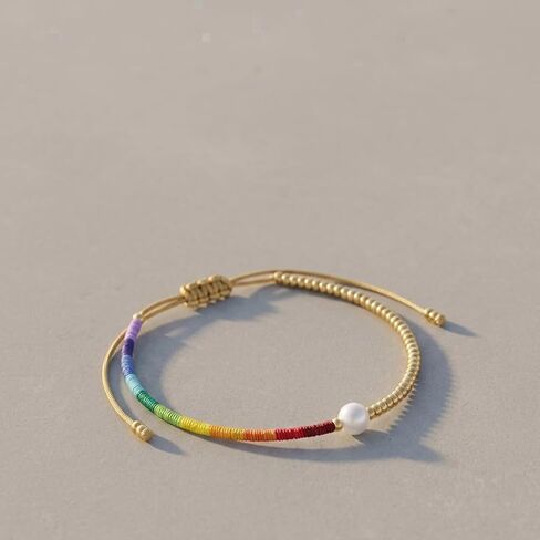 Rainbow Gold Beaded Drawstring Bracelets for Women Dainty White Pearl Friendship Bracelet Handmade Colorful Fashion Charm Jewelry Premium Practical Present Party Gifts in Saudi Arabia