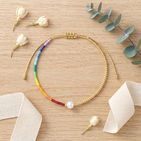 Rainbow Gold Beaded Drawstring Bracelets for Women Dainty White Pearl Friendship Bracelet Handmade Colorful Fashion Charm Jewelry Premium Practical Present Party Gifts in Saudi Arabia