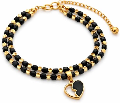 Double Strand Black Spinel Bracelet for Women, Gold Plated Hematite Beaded Bracelet with Heart Pendant Charm, Handmade Jewelry, Gift Box Organizer Included in Kuwait