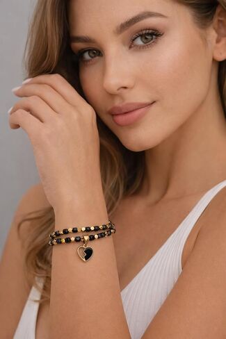 Double Strand Black Spinel Bracelet for Women, Gold Plated Hematite Beaded Bracelet with Heart Pendant Charm, Handmade Jewelry, Gift Box Organizer Included in Kuwait