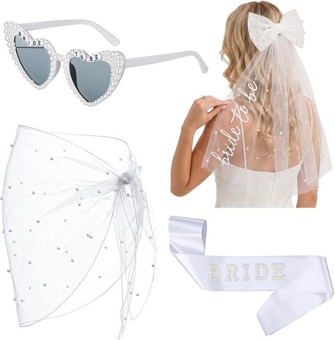 4 Pcs Bride to Be Set Women's Pearl Cover up Sarong Wrap Skirt Pearl-Trimmed Heart Sunglasses, Bride Sash & Bow Tulle Veil - Bachelorette Party Bridal Accessories White in Kuwait