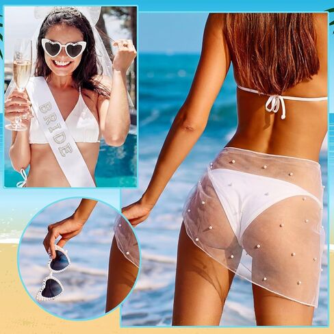4 Pcs Bride to Be Set Women's Pearl Cover up Sarong Wrap Skirt Pearl-Trimmed Heart Sunglasses, Bride Sash & Bow Tulle Veil - Bachelorette Party Bridal Accessories White in Kuwait