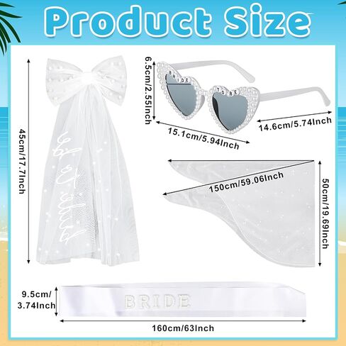 4 Pcs Bride to Be Set Women's Pearl Cover up Sarong Wrap Skirt Pearl-Trimmed Heart Sunglasses, Bride Sash & Bow Tulle Veil - Bachelorette Party Bridal Accessories White in Kuwait