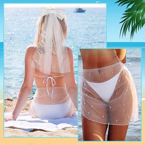 4 Pcs Bride to Be Set Women's Pearl Cover up Sarong Wrap Skirt Pearl-Trimmed Heart Sunglasses, Bride Sash & Bow Tulle Veil - Bachelorette Party Bridal Accessories White in Kuwait