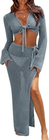Cakulo Womens 2 Piece Crochet Swimsuit Cover Up Skirt Sets Tie Front Crop Tops Sarong Wraps 2026 Bathing Suit Beach Coverups in Saudi Arabia