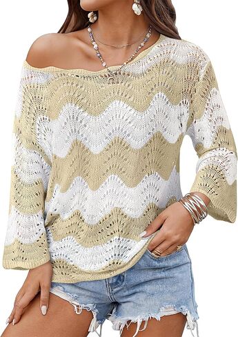 Messic Womens Beach Cover Up Summer Crochet Tops 3/4 Sleeve Off Shoulder Swim Cover Up Top Swimsuit Coverup in Saudi Arabia