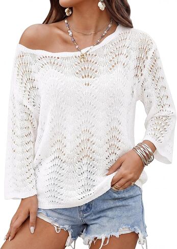 Messic Womens Beach Cover Up Summer Crochet Tops 3/4 Sleeve Off Shoulder Swim Cover Up Top Swimsuit Coverup in Saudi Arabia