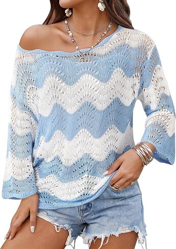 Messic Womens Beach Cover Up Summer Crochet Tops 3/4 Sleeve Off Shoulder Swim Cover Up Top Swimsuit Coverup in Saudi Arabia