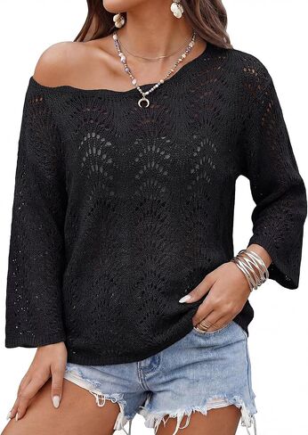 Messic Womens Beach Cover Up Summer Crochet Tops 3/4 Sleeve Off Shoulder Swim Cover Up Top Swimsuit Coverup in Saudi Arabia