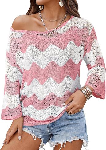 Messic Womens Beach Cover Up Summer Crochet Tops 3/4 Sleeve Off Shoulder Swim Cover Up Top Swimsuit Coverup in Saudi Arabia