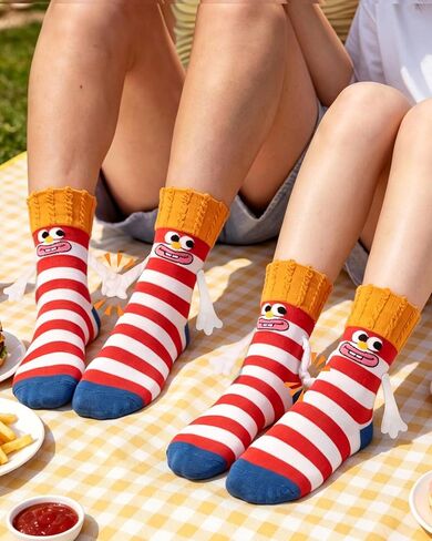 Funny Magnetic Food Socks for Women Girls, Crazy French Fries Hand Holding Crew Socks, Cute Novelty Cotton Sock White Elephant Gifts for Foodie Adult Stocking Stuffer in Saudi Arabia