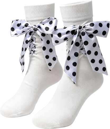 Women's Polka Dot Bow Tie Mid-Calf Socks, Fashion Ruffled Lace Up Crew Socks, Cute Preppy Style Casual Socks in Saudi Arabia