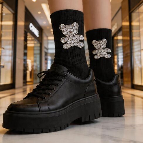 Women's Polka Dot Bow Tie Mid-Calf Socks, Fashion Ruffled Lace Up Crew Socks, Cute Preppy Style Casual Socks in Saudi Arabia