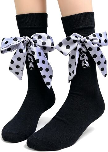 Women's Polka Dot Bow Tie Mid-Calf Socks, Fashion Ruffled Lace Up Crew Socks, Cute Preppy Style Casual Socks in Saudi Arabia