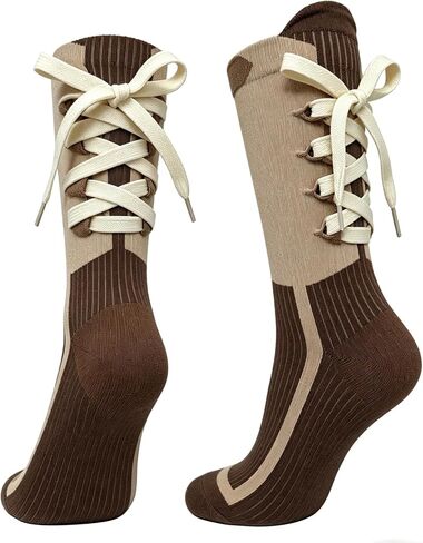 Women's Polka Dot Bow Tie Mid-Calf Socks, Fashion Ruffled Lace Up Crew Socks, Cute Preppy Style Casual Socks in Saudi Arabia