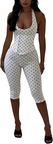 Women's Summer Polka Dot Romper Sexy Capri Jumpsuits Backless Lace-up Bodycon Halter Jumpsuit Club Outfits in Saudi Arabia