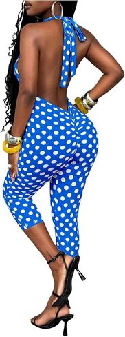 MakeMeChic Women's Y2k Polka Dots Halter Capri Jumpsuit Open Back Party Rave Pants Romper in Kuwait