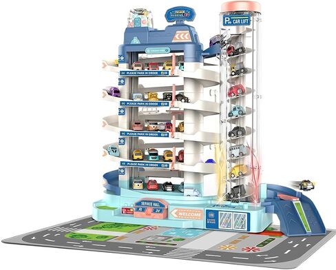 8-Story City Parking Garage Display Tower, Multi-Level Vehicle Storage Miniature Building Scene with Rotating Car Elevator & 8 Parking Spaces, Urban Garage Diorama for Adults in Kuwait