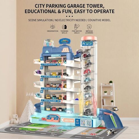 8-Story City Parking Garage Display Tower, Multi-Level Vehicle Storage Miniature Building Scene with Rotating Car Elevator & 8 Parking Spaces, Urban Garage Diorama for Adults in Kuwait