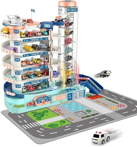 8-Story City Parking Garage Display Tower, Multi-Level Vehicle Storage Miniature Building Scene with Rotating Car Elevator & 8 Parking Spaces, Urban Garage Diorama for Adults in Kuwait