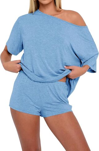 Lacozy Womens Pajama Sets 2 Piece Lounge Sleep Shirts Off Shoulder Tops Shorts Sexy Sleepwear Loungewear Summer Outfits in Saudi Arabia