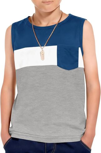 Haloumoning Boys Color Block Tank Tops Kids Summer Sleeveless T-Shirts with Chest Pocket 5-14 Years in Kuwait